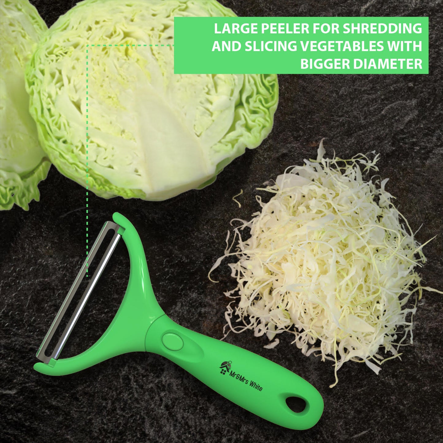Trio Peeler Set – Green Julienne Vegetable Peeler – Stainless Steel Cabbage Carrot & Potato Peelers – Multifunctional Veggie and Fruit Peeler Set of 3